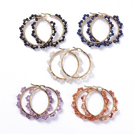 Pendientes de aro de acero inoxidable, con piedras preciosas naturales y caja de cartón, anillo