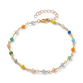 Glass Beads Anklets, with Brass Lobster Claw Clasps, Rondelle, Colorful