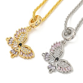 Rack Plating Brass Pave Colorful Cubic Zirconia Butterfly Pendant Necklaces, Long-Lasting Plated, Cadmium Free & Lead Free