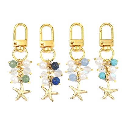 Круглые подвески из натурального белого нефрита, лазурита, зеленого авантюрина, синтетической бирюзы и лунного камня, с поворотными застежками из сплава и подвесками в виде морских звезд