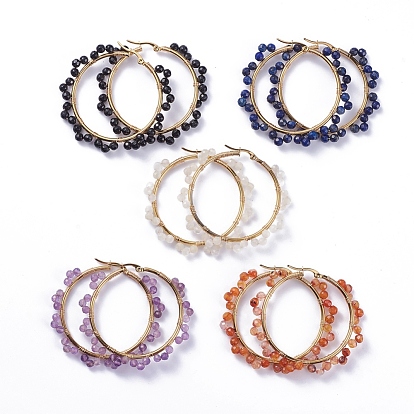 Pendientes de aro de acero inoxidable, con piedras preciosas naturales y caja de cartón, anillo