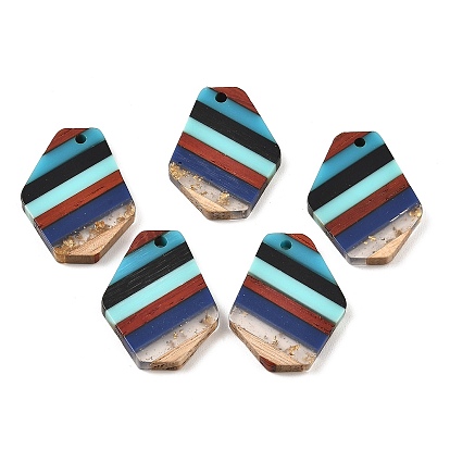 Transparent Resin & Walnut Wood Pendants, Irregular Hexagon Charms with Gold Foil