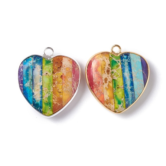 Rainbow Natural Regalite/Imperial Jasper/Sea Sediment Jasper Pendant, with Silver Brass Settings, Dyed, Heart