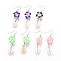 Brass Dangle Earrings, with Shell and Handmade Polymer Clay Plumeria Flower