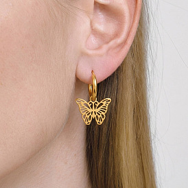 304 Pendientes colgantes de aro de acero inoxidable para mujer, mariposa