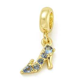 Rack Plating Brass Pave Cornflower Blue Cubic Zirconia High-heeled Shoes European Dangle Charms, Large Hole Pendants, Lead Free & Cadmium Free, Long-Lasting Plated