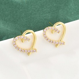 Micro latón allanar aretes de óxido de circonio cúbico, corazón, sin plomo y el cadmio, larga duración plateado, chapado en rack, real 18 k chapado en oro