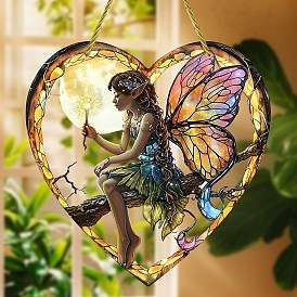 Acrylic Heart with Fairy Hanging Ornaments, Hanging Suncatcher for Home Garden Porch Decoration