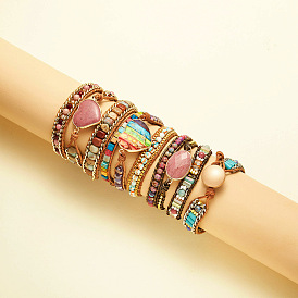 Ethnic style love leather colorful stone gravel crystal metal 3-layer winding bracelet bracelet