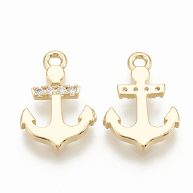 Brass Micro Pave Cubic Zirconia Charms, Anchor, Nickel Free
