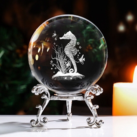 Inner Carving Sea Horse Glass Crystal Ball Diaplay Decoration, with Alloy Pedestal, Fengshui Home Decor