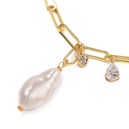 Colliers à pendentif perle keshi perle baroque naturelle, breloques zircon cubique en laiton avec cœur et larme