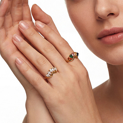 304 Stainless Steel Micro Pave Cubic Zirconia Finger Rings, Teardrop, Golden