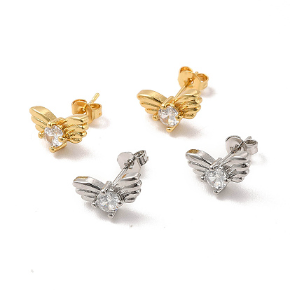 Rack Plating Brass Pave Clear Cubic Zirconia Butterfly Stud Earrings, Long-Lasting Plated, Lead Free & Cadmium Free