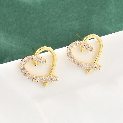 Micro latón allanar aretes de óxido de circonio cúbico, corazón, sin plomo y el cadmio, larga duración plateado, chapado en rack, real 18 k chapado en oro