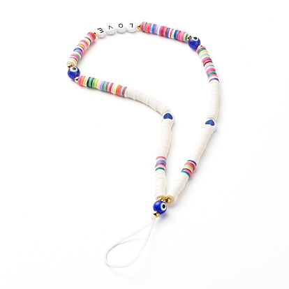 Acrylic Letter Beads and Handmade Polymer Clay Beads Mobile Straps, with Handmade Evil Eye Lampwork Bead, 304 Stainless Steel Beads, Brass Crimp Beads Covers and Nylon Thread