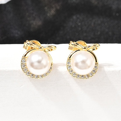 Серьги-гвоздики с бантом и круглыми латунными микрокристаллами из прозрачного кубического циркония, с пластиковой имитационной жемчужиной, без кадмия и без свинца