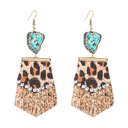 Leopard Print Leather Earrings with Diamond Embellishments - Exaggerated Ear Decor.