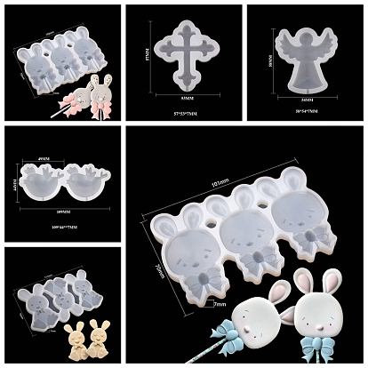 Easter Themed Food Grade Fondant Silicone Molds, For DIY Cake Decoration, Chocolate, Candy, White, Cross/Angel/Bird/Rabbit Pattern