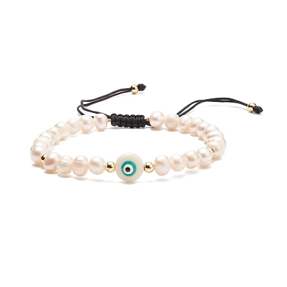 Natural Shell & Pearl Braided Bead Bracelet, Evil Eye Adjustable Bracelet for Women