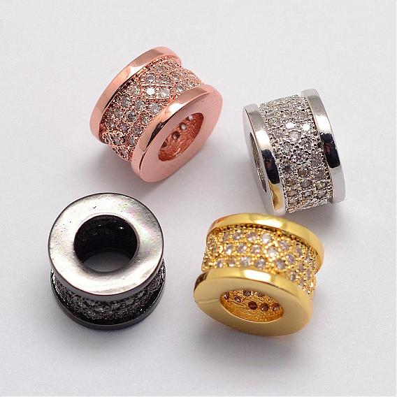 Brass Micro Pave Cubic Zirconia Beads, Column, Lead Free & Nickel Free, Large Hole Beads