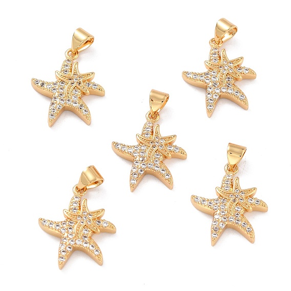 Brass Micro Pave Clear Cubic Zirconia Pendants, Cadmium Free & Lead Free, Long-Lasting Plated, Starfish