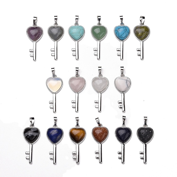 Natural & Synthetic Gemstone Pendants, with Platinum Tone Brass Findings, Cadmium Free & Lead Free, Mixed Dyed and Undyed, Heart Key