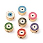 Real 18K Gold Plated Brass Beads, with Enamel, Long-Lasting Plated, Flat Round with Evil Eye