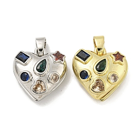 Rack Plating Brass Pave Colorful Cubic Zirconia Bead Cage Pendants, Heart Cage Charms, Cadmium Free & Lead Free, Long-Lasting Plated