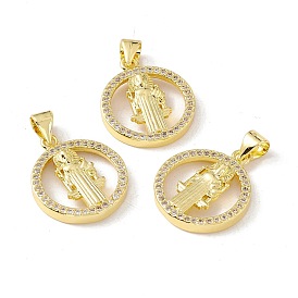 Rack Plating Brass Micro Pave Clear Cubic Zirconia Pendants, Long-Lasting Plated, Cadmium Free & Lead Free, Ring with Goddess