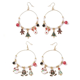 Серьги-подвески из сплава с эмалью в рождественской тематике, с пластиковой бисера