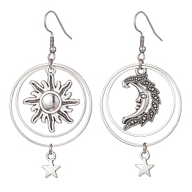 Tibetan Style Alloy Sun & Moon & Star Asymmetrical Earrings, Brass Ring Drop Earrings with 304 Stainless Steel Pins