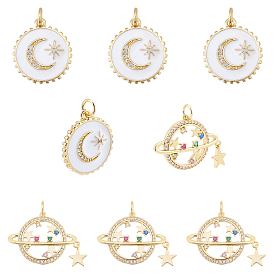 8Pcs 2 Style Brass Micro Pave Cubic Zirconia Pendants, Long-Lasting Plated, with Jump Rings & Enamel, Real 18K Gold Plated, Flat Round with Moon & Star & Star with Star