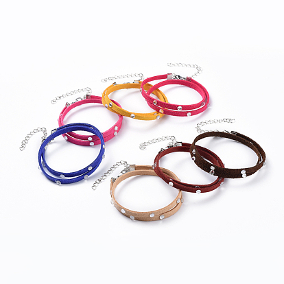 Daim faux bracelets d'enveloppe de cordon, doubles boucles, avec strass acrylique, 304 pinces à homard en acier inoxydable et accessoires en fer