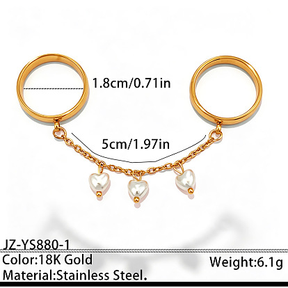 304 Stainless Steel & Cubic Zirconia & Imitation Pearl Double Finger Rings, Heart