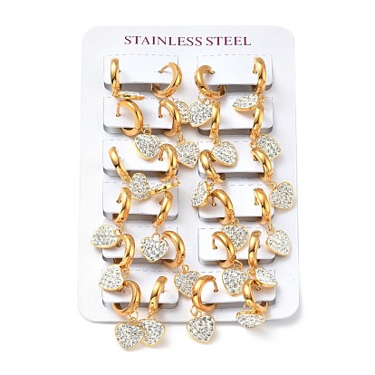 Crystal Rhinestone Heart Dangle Hoop Earrings, 304 Stainless Steel Jewelry for Women