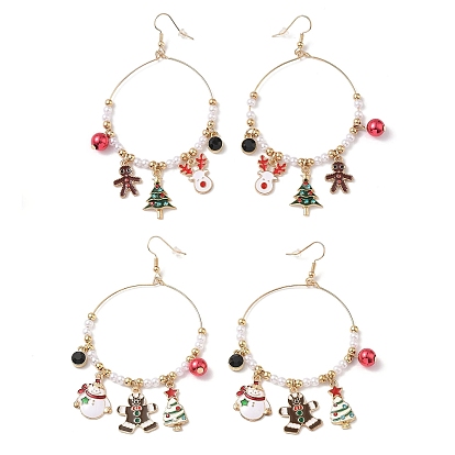 Серьги-подвески из сплава с эмалью в рождественской тематике, с пластиковой бисера