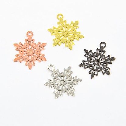 Brass Pendants, Etched Metal Embellishments, Snowflake, 13x10x0.3mm, Hole: 1mm
