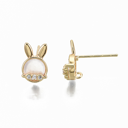 Brass Micro Clear Cubic Zirconia Stud Earring Findings, with Shell and Loop, Nickel Free, Rabbit Shape