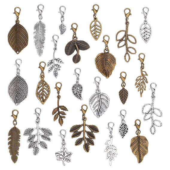 72 шт. 24 стильные подвесные украшения в виде листьев из сплава, Сплав с застежками когтя омара
