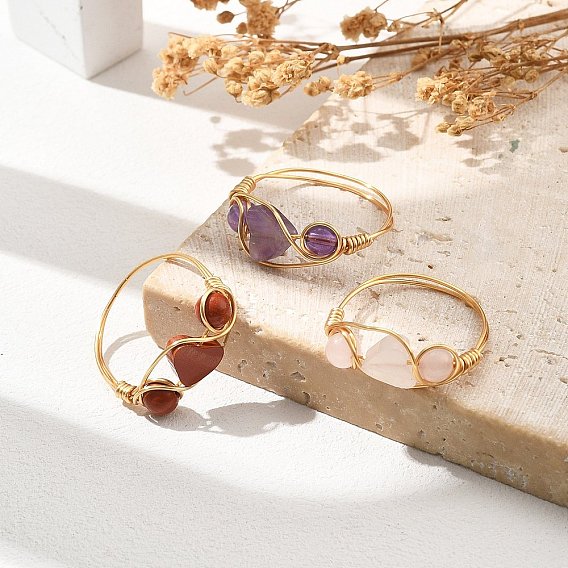 Женские плетеные кольца из натурального аметиста, розового кварца и красной яшмы, обмотанные медной проволокой, сердце