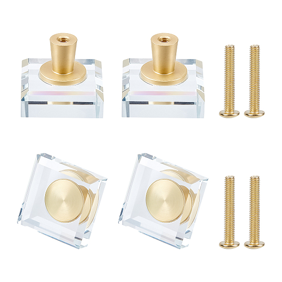 4 Sets Square Glass Drawer Knobs, with Brass Fittings and Iron Screw, for Home, Cabinet, Cupboard and Dresser
