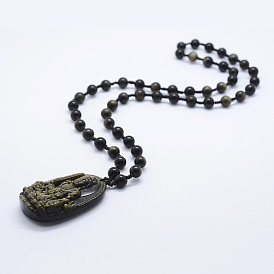 Collares con cuentas de obsidiana natural, con colgantes de obsidiana de brillo dorado, Buda