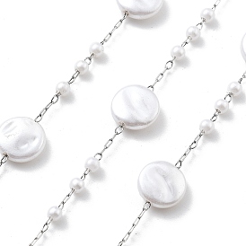 Цепочки из нержавеющей стали ручной работы 304, с ABS имитации жемчуга, пайки, плоско-круглые, с катушкой