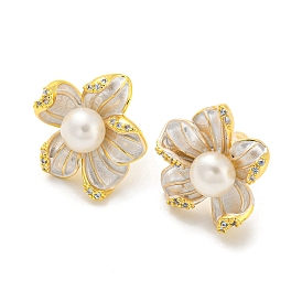 Boucles d'oreilles fleur en zircone cubique avec perle naturelle, boucles d'oreilles en laiton avec épingles en argent sterling