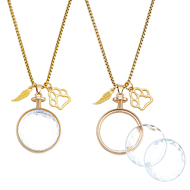 2Pcs Flat Round Glass with Alloy Photo Frame Locket Pendant Necklace Kits with Feather and Paw Print and 4Pcs Glass Cabochons