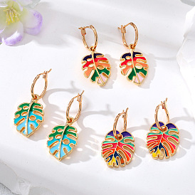 Boho Turtle Shell Leaf Oil Drop Earrings Colorful Hollow Tree Leaves Ear Pendant Jewelry for Women