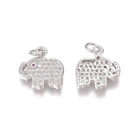 Brass Micro Pave Clear Cubic Zirconia Charms, with Jump Rings, Elephant