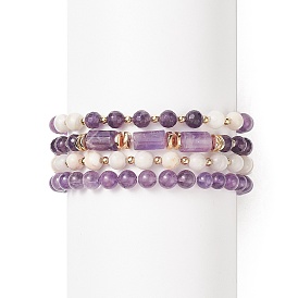 4 pcs 4 style améthyste naturelle & agate folle blanche & bracelets extensibles perlés en laiton, bracelets empilables de pierres précieuses pour femmes