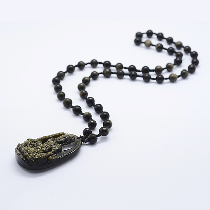 Collares con cuentas de obsidiana natural, con colgantes de obsidiana de brillo dorado, Buda